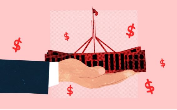 A hand extends from the left side of the image holding the Australian Parliament in its palm, surrounded by dollar signs.